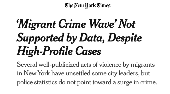 a headline from the New York Times that notes that Mayor Adams' hateful claims about migrants were not supported by any data.